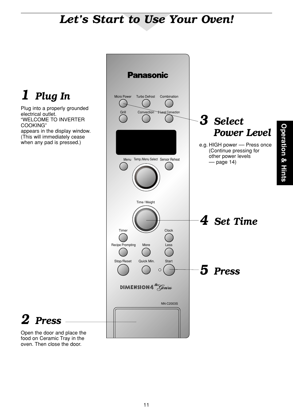 Let’s start to use your oven, Plug in, Press | Set time, Select power level | Panasonic NN-C2003S  EN User Manual | Page 13 / 32