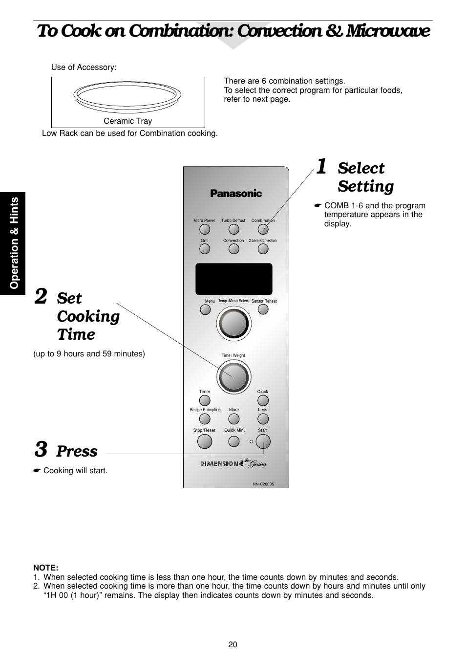 Select setting, Press, Set cooking time | Operation & hints | Panasonic NN-C2003S  EN User Manual | Page 22 / 32