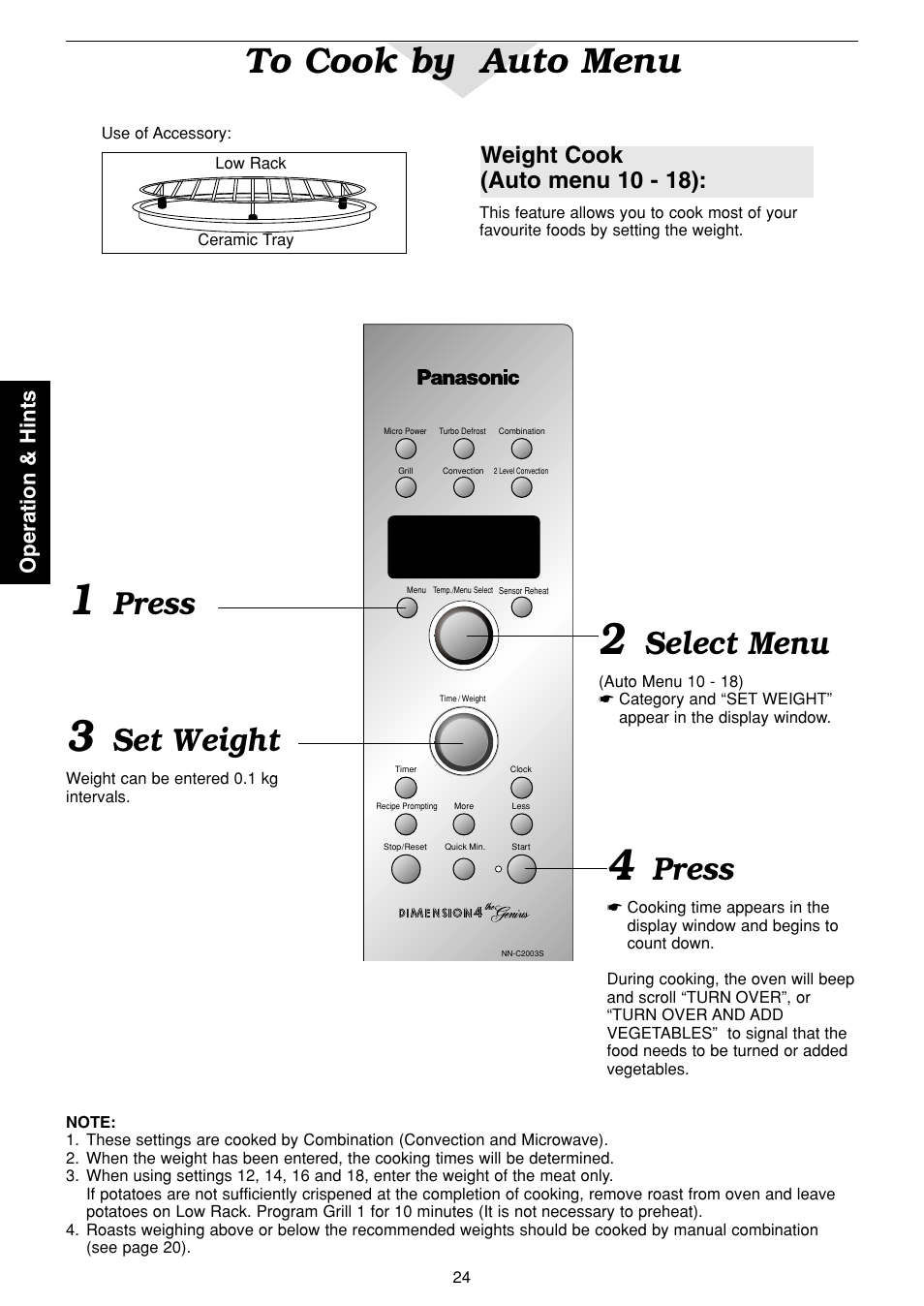 Select menu, Set weight, Press | Weight cook (auto menu 10 - 18), Operation & hints | Panasonic NN-C2003S  EN User Manual | Page 26 / 32