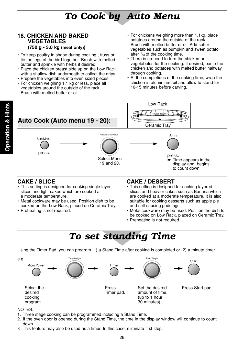 Auto cook (auto menu 19 - 20), Operation & hints, Cake / slice | Cake / dessert, Chicken and baked vegetables | Panasonic NN-C2003S  EN User Manual | Page 28 / 32