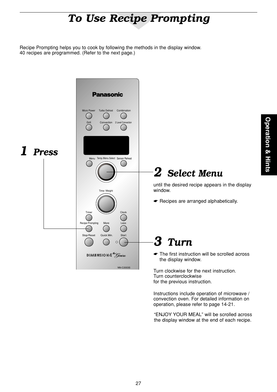 Turn, Select menu, Press | Operation & hints | Panasonic NN-C2003S  EN User Manual | Page 29 / 32