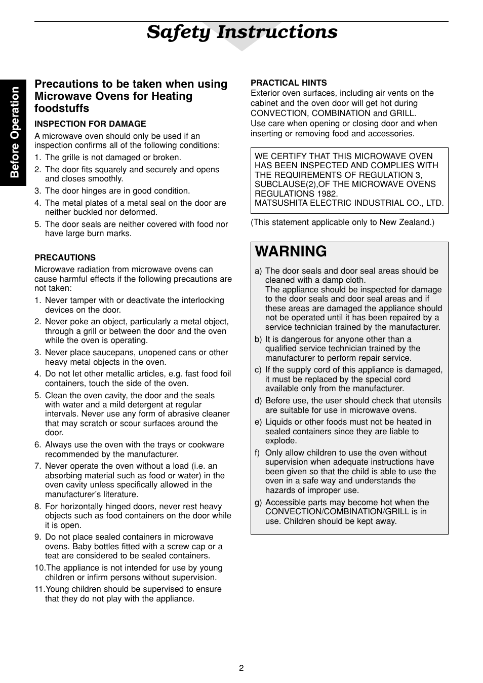 Safety instructions, Warning, Before operation | Panasonic NN-C2003S  EN User Manual | Page 4 / 32