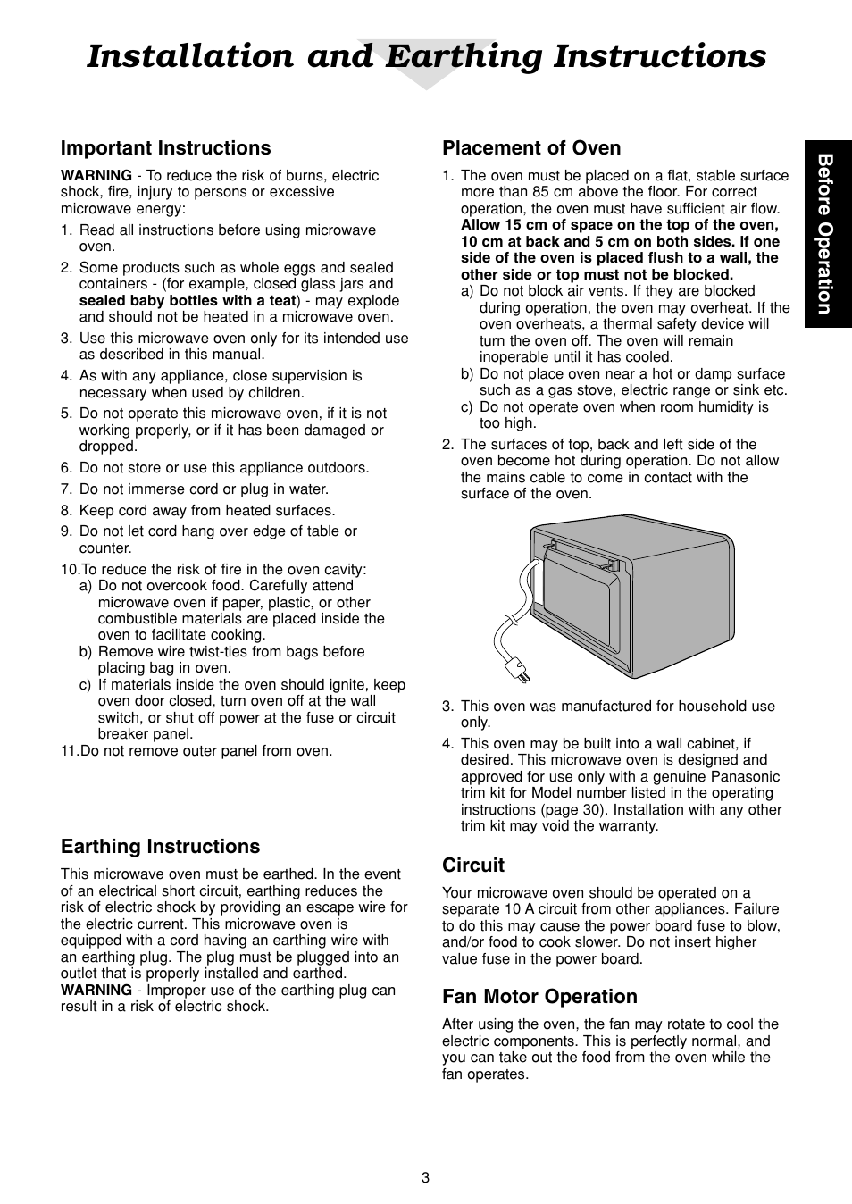 Installation and earthing instructions, Before operation, Important instructions | Earthing instructions, Placement of oven, Circuit, Fan motor operation | Panasonic NN-C2003S  EN User Manual | Page 5 / 32