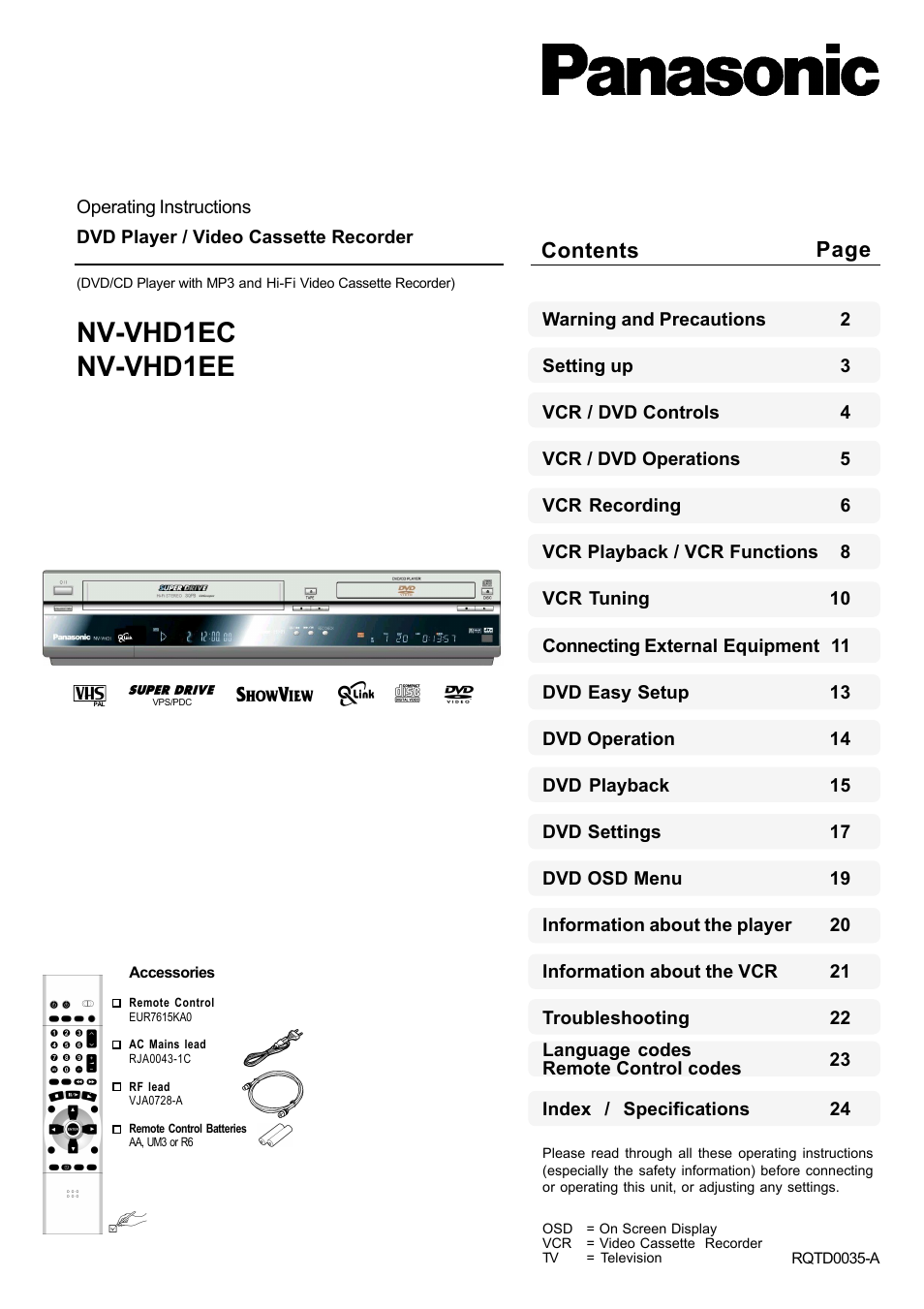 Panasonic NV-VHD1EC User Manual | 24 pages