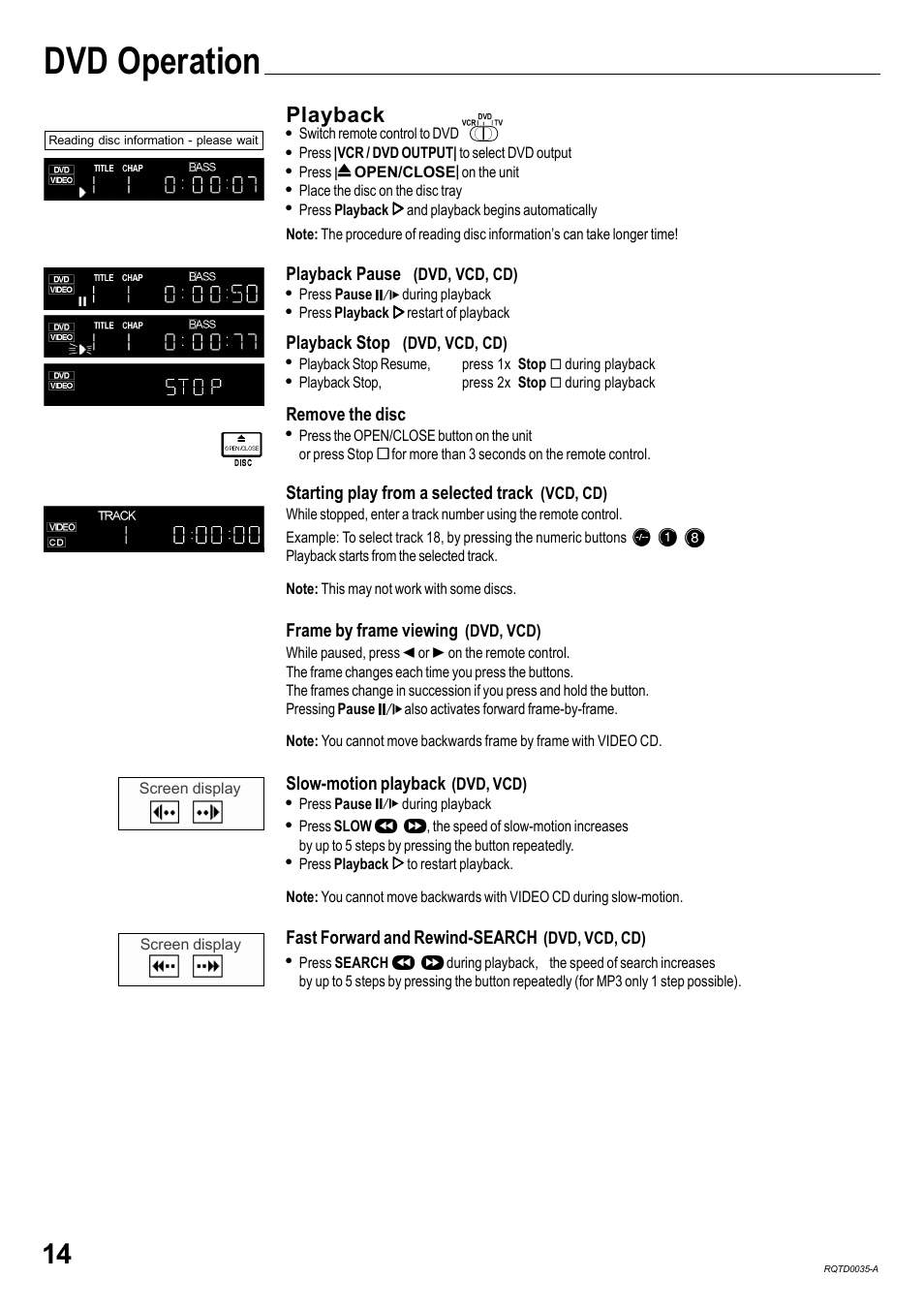 Dvd operation, Playback, Starting play from a selected track | Frame by frame viewing, Slow-motion playback, Fast forward and rewind-search, Playback pause, Playback stop, Remove the disc | Panasonic NV-VHD1EC User Manual | Page 14 / 24