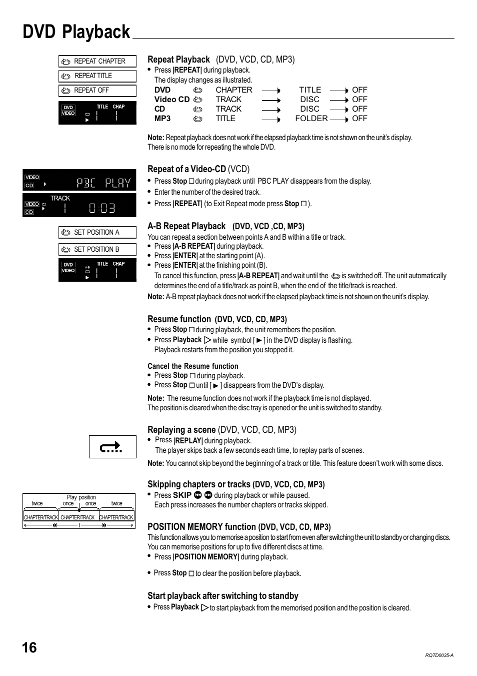 Dvd playback, Repeat playback (dvd, vcd, cd, mp3), Repeat of a video-cd (vcd) | A-b repeat playback, Resume function, Replaying a scene (dvd, vcd, cd, mp3), Skipping chapters or tracks, Start playback after switching to standby | Panasonic NV-VHD1EC User Manual | Page 16 / 24