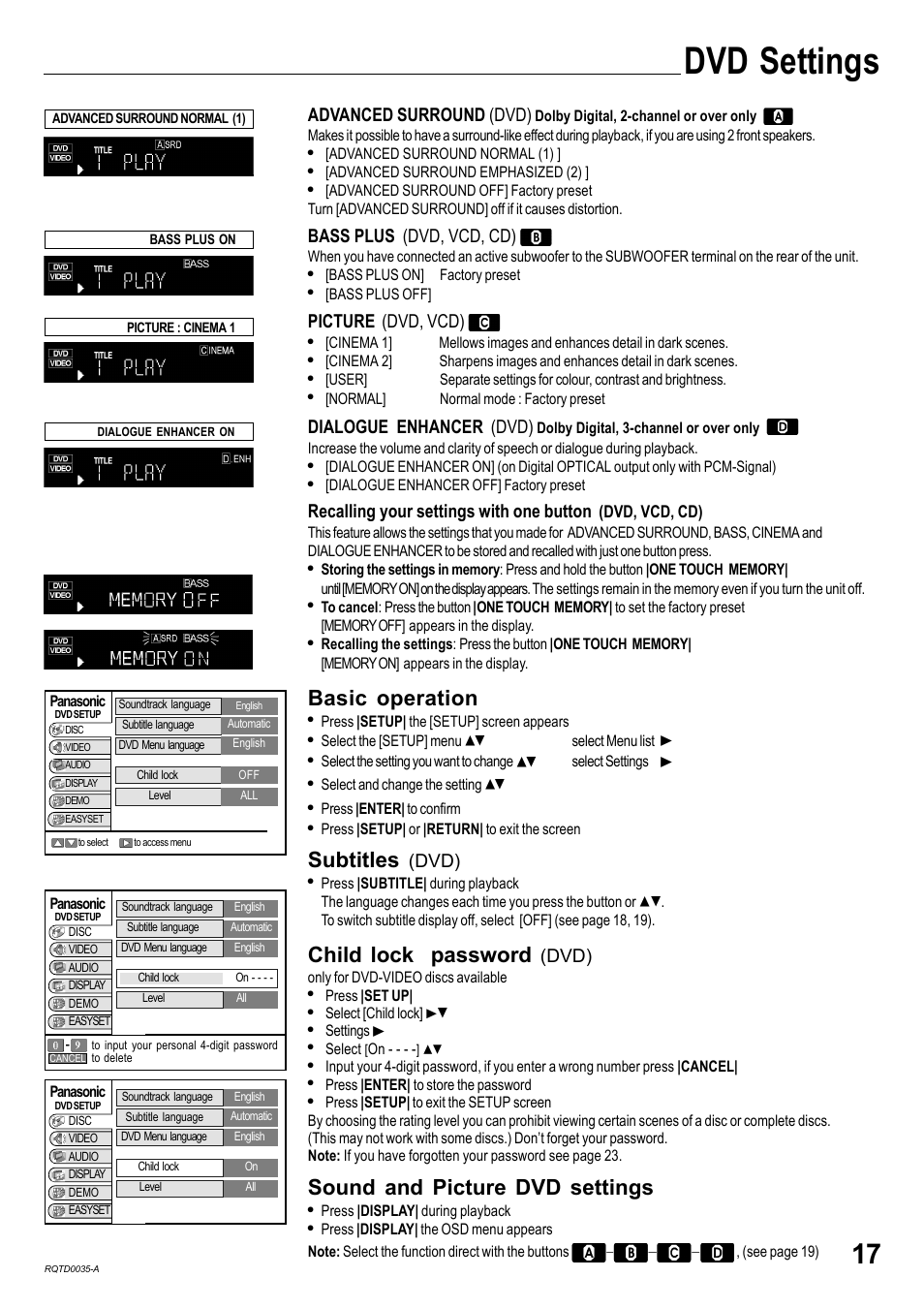 Dvd settings, Child lock password, Basic operation | Subtitles, Sound and picture dvd settings, Dvd), Advanced surround (dvd), Bass plus, Dvd, vcd, cd), Picture | Panasonic NV-VHD1EC User Manual | Page 17 / 24