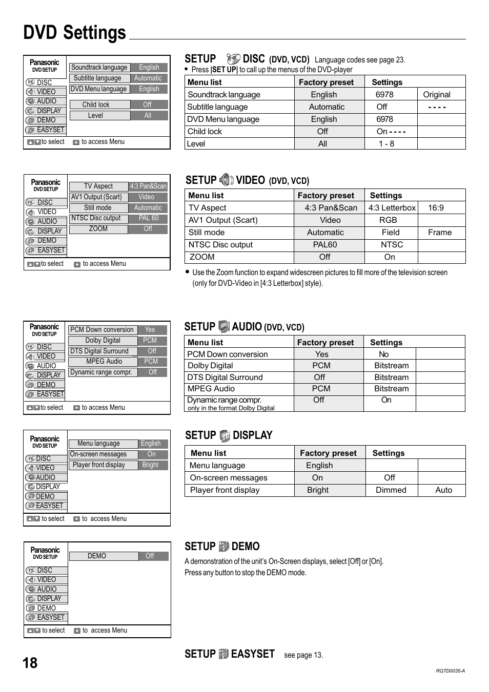 Dvd settings, Setup disc, Setup video | Setup display setup audio, Setup demo, Setup easyset | Panasonic NV-VHD1EC User Manual | Page 18 / 24