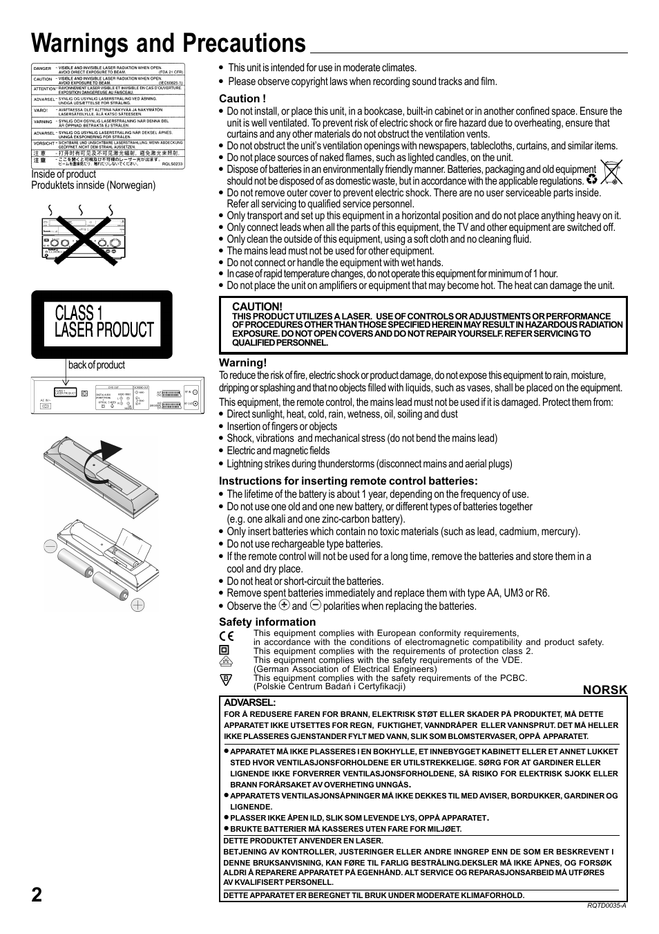 Warnings and precautions | Panasonic NV-VHD1EC User Manual | Page 2 / 24