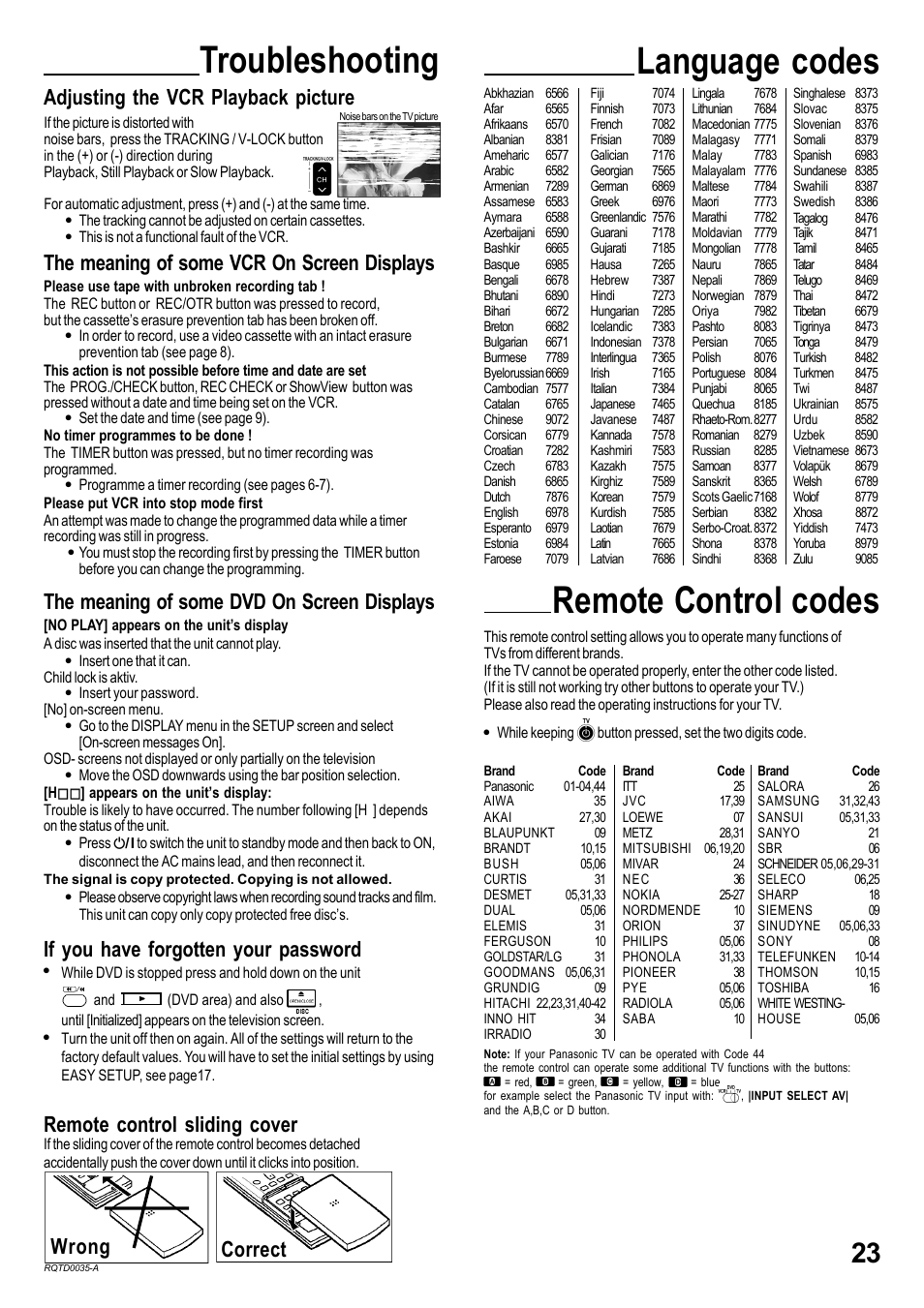 Troubleshooting language codes, Remote control codes, The meaning of some vcr on screen displays | Adjusting the vcr playback picture, The meaning of some dvd on screen displays | Panasonic NV-VHD1EC User Manual | Page 23 / 24