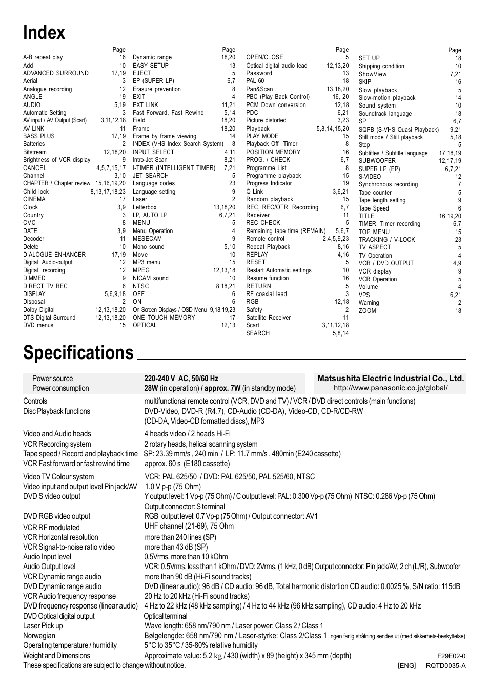 Index specifications | Panasonic NV-VHD1EC User Manual | Page 24 / 24