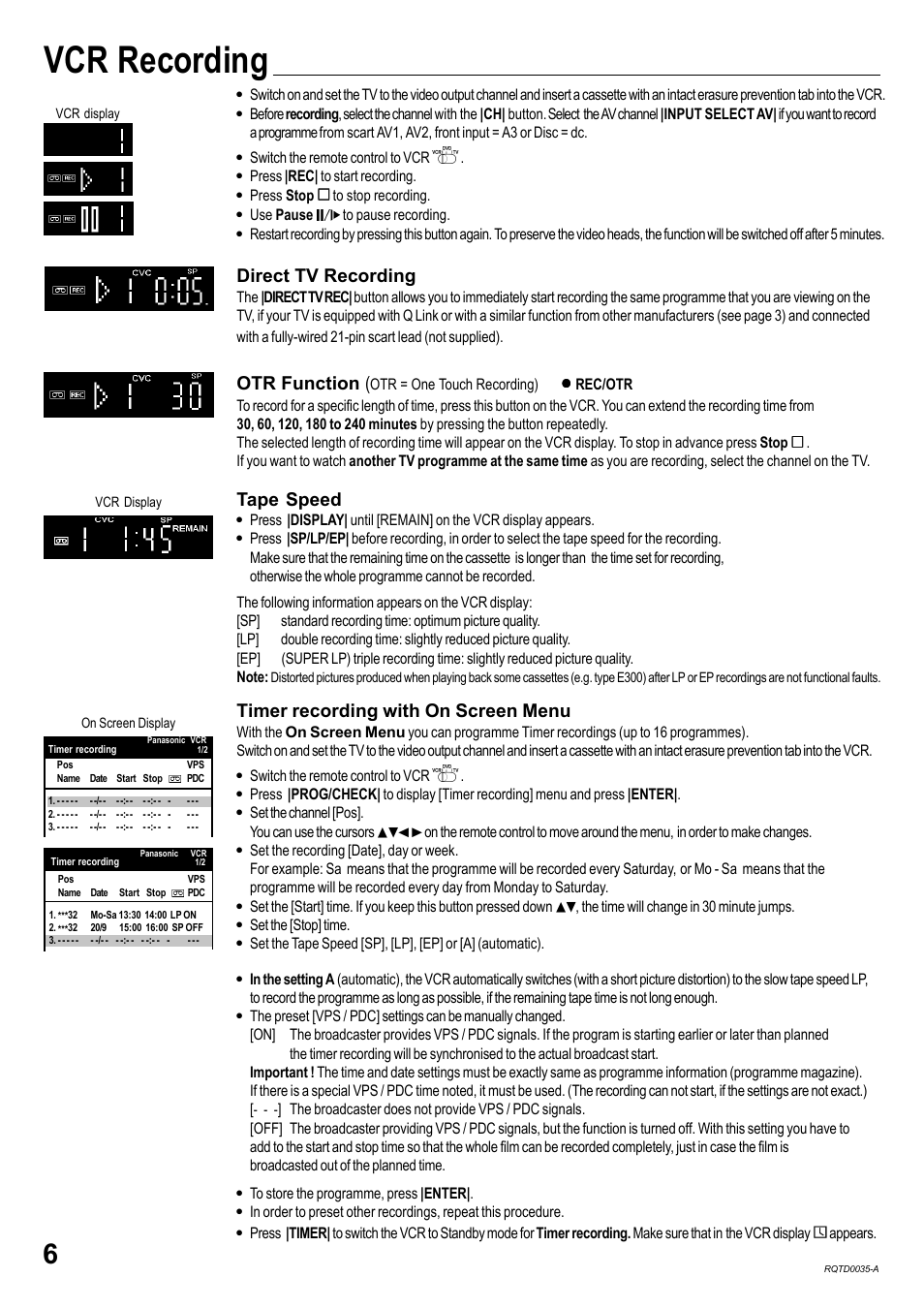 Vcr recording, Direct tv recording, Otr function | Tape speed, Timer recording with on screen menu | Panasonic NV-VHD1EC User Manual | Page 6 / 24