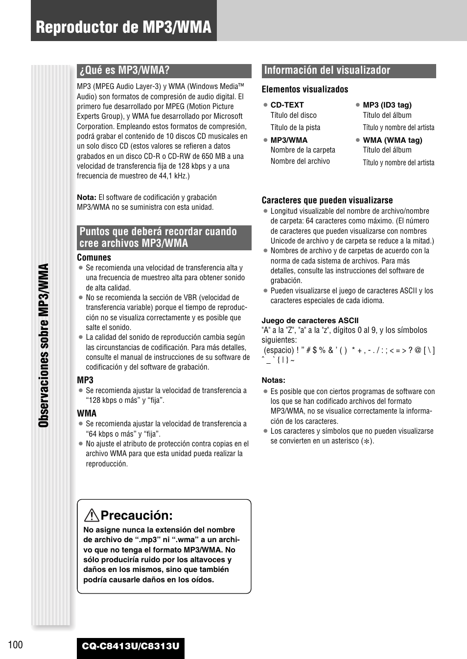 Reproductor de mp3/wma, Obser vaciones sobre mp3/wma, Precaución | Qué es mp3/wma, Información del visualizador | Panasonic CQ-C8313U User Manual | Page 100 / 114