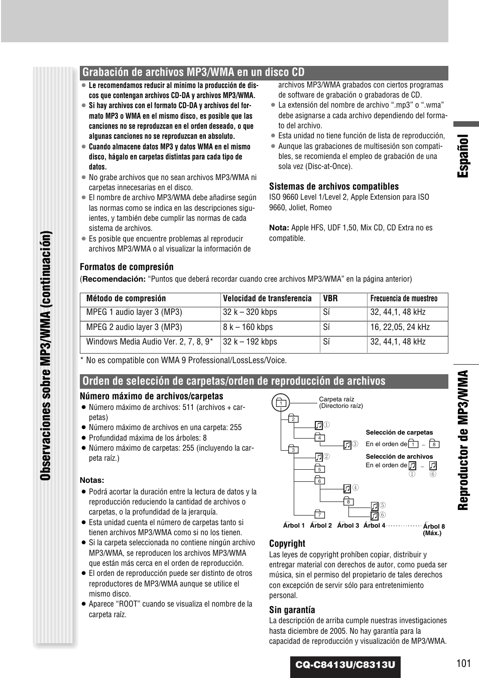 Español, Reproductor de mp3/wma, Obser vaciones sobre mp3/wma (continuación) | Grabación de archivos mp3/wma en un disco cd | Panasonic CQ-C8313U User Manual | Page 101 / 114