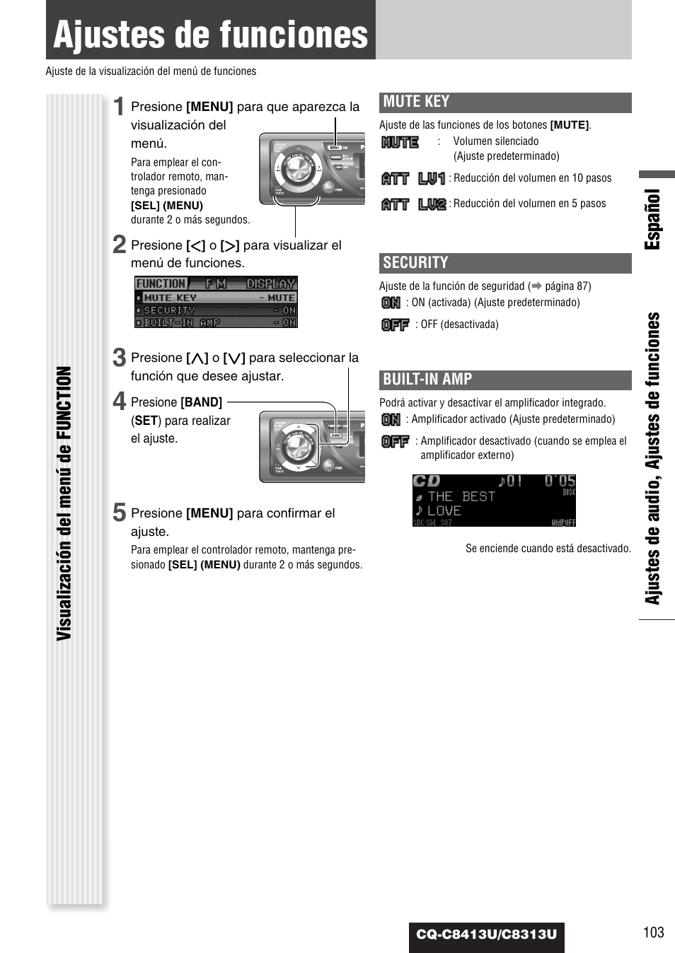 Ajustes de funciones, Español, Ajustes de audio, ajustes de funciones | Visualización del menú de function | Panasonic CQ-C8313U User Manual | Page 103 / 114