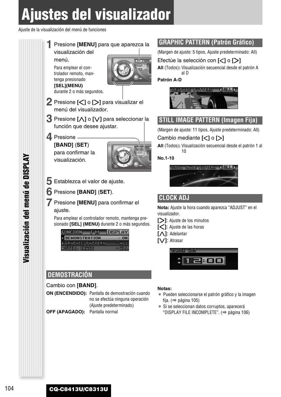 Ajustes del visualizador, Visualización del menú de displa y | Panasonic CQ-C8313U User Manual | Page 104 / 114