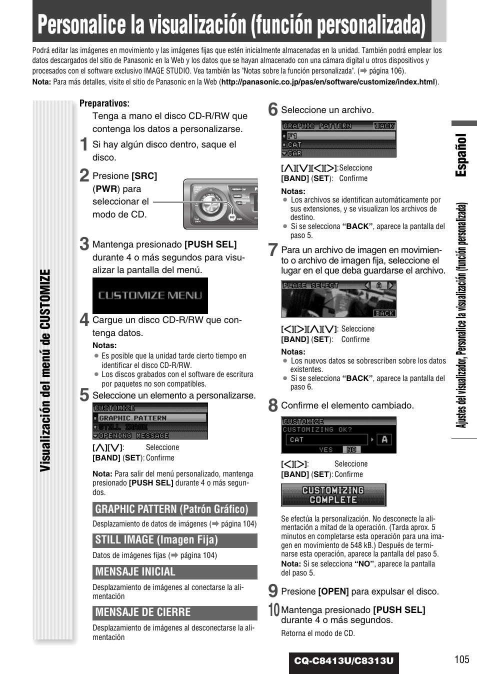 Español, Visualización del menú de customize | Panasonic CQ-C8313U User Manual | Page 105 / 114