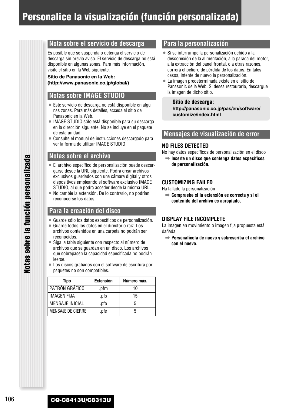 Notas sobre la función personalizada, Nota sobre el servicio de descarga, Notas sobre image studio | Notas sobre el archivo, Para la creación del disco, Para la personalización, Mensajes de visualización de error | Panasonic CQ-C8313U User Manual | Page 106 / 114