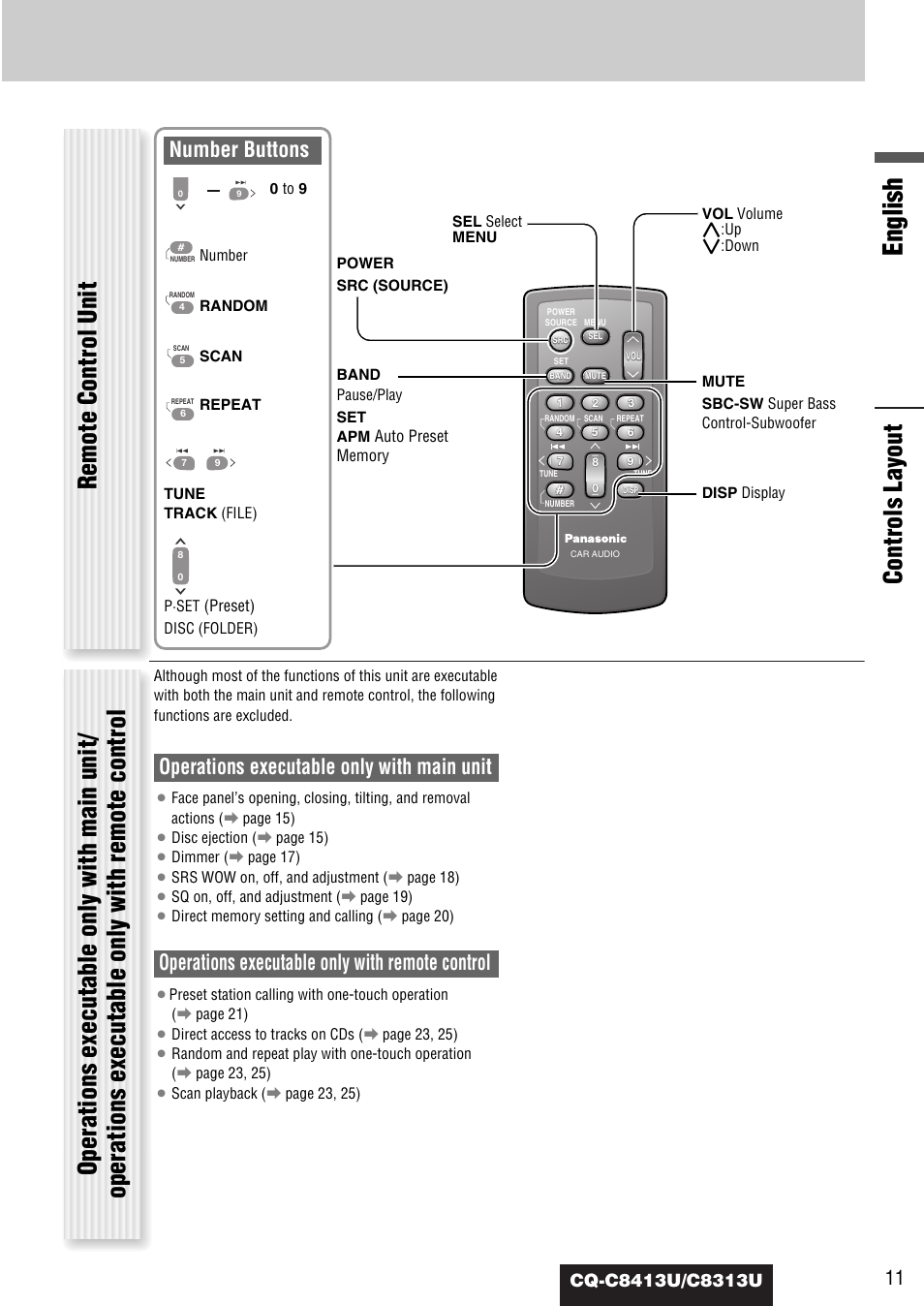 English, Operations executable only with main unit, Operations executable only with remote control | Number buttons | Panasonic CQ-C8313U User Manual | Page 11 / 114