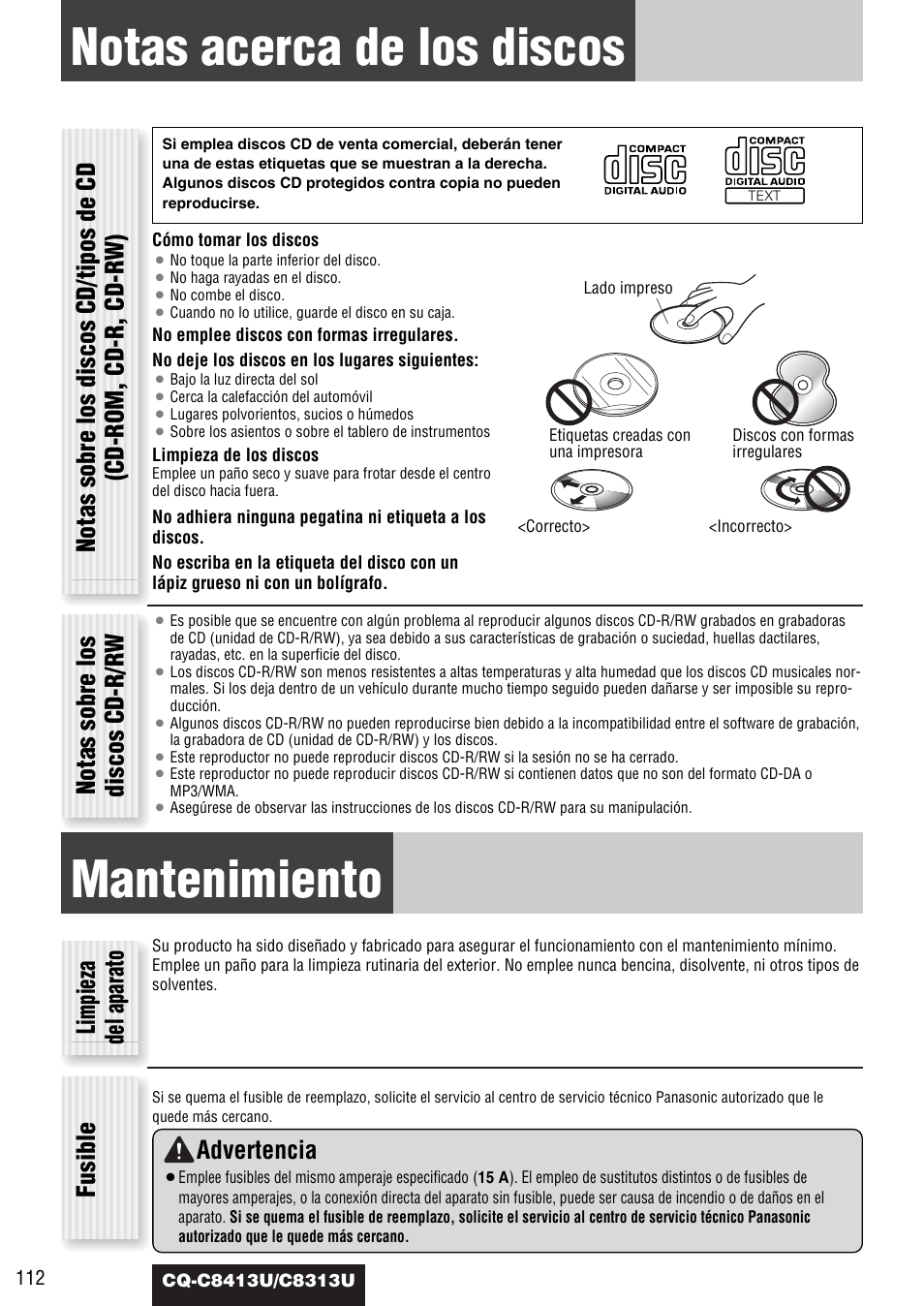 Notas acerca de los discos, Mantenimiento, Notas sobre los discos cd-r/rw | Limpieza del aparato fusible, Advertencia | Panasonic CQ-C8313U User Manual | Page 112 / 114