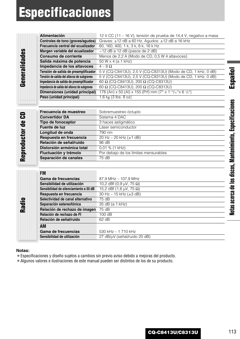 Especificaciones, Español, Generalidades | Radio reproductor de cd | Panasonic CQ-C8313U User Manual | Page 113 / 114