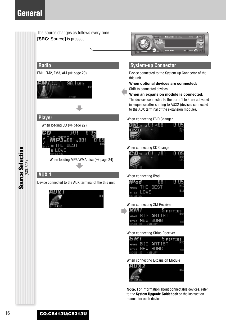 General, Source selection, Radio | Player, Aux 1, System-up connector | Panasonic CQ-C8313U User Manual | Page 16 / 114