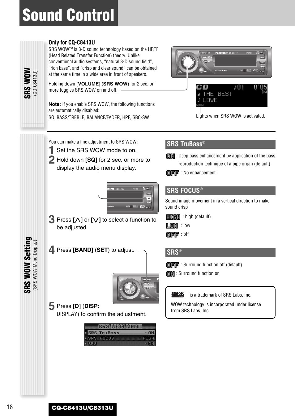 Sound control, Srs wow, Srs wow setting | Panasonic CQ-C8313U User Manual | Page 18 / 114