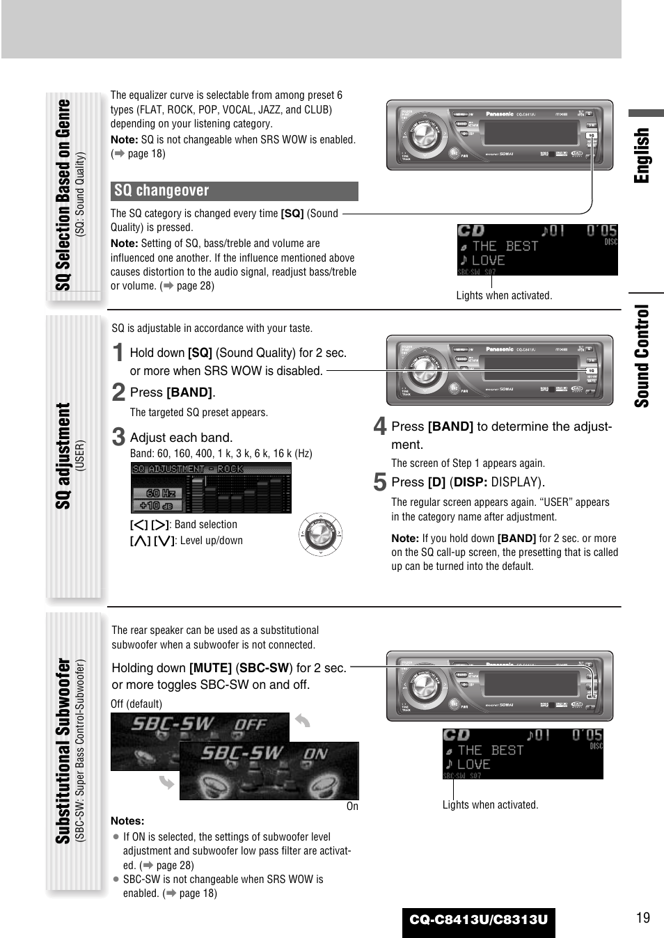 English, Sound control, Sq selection based on genre | Sq adjustment, Substitutional subwoofer | Panasonic CQ-C8313U User Manual | Page 19 / 114