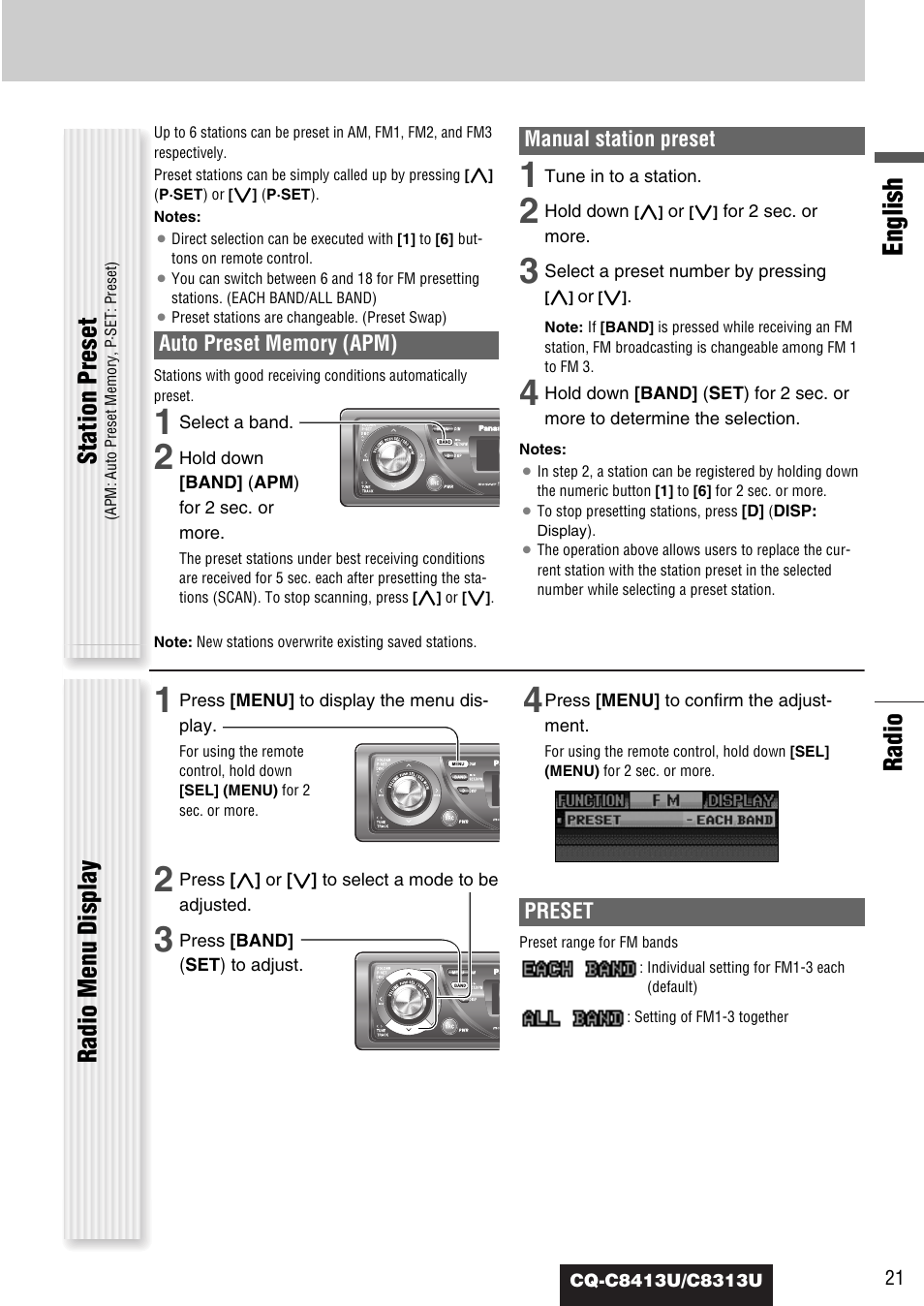 English, Radio, Station preset | Radio menu display | Panasonic CQ-C8313U User Manual | Page 21 / 114