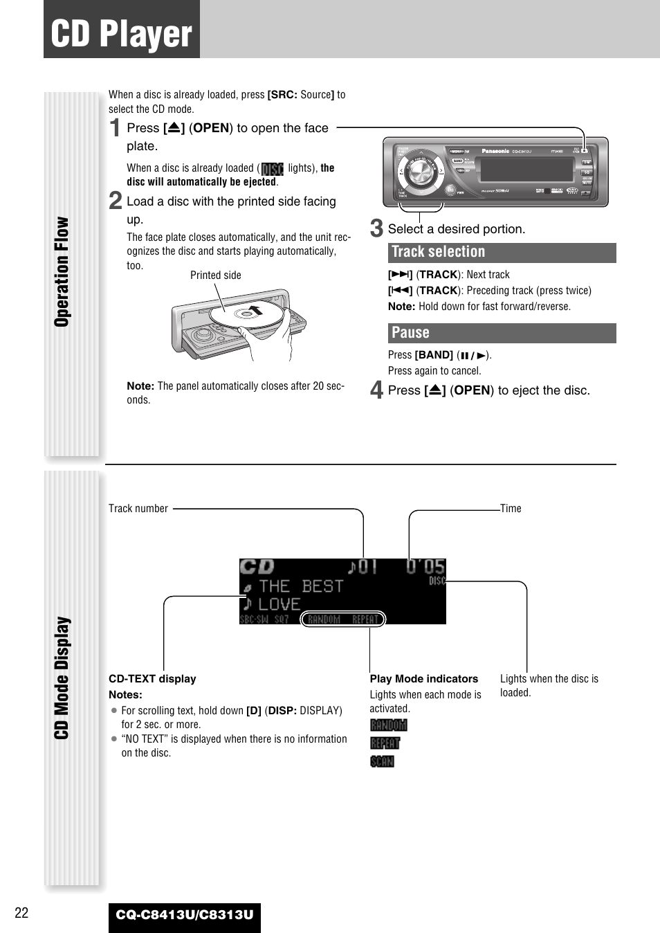 Cd player, Operation flow cd mode display | Panasonic CQ-C8313U User Manual | Page 22 / 114