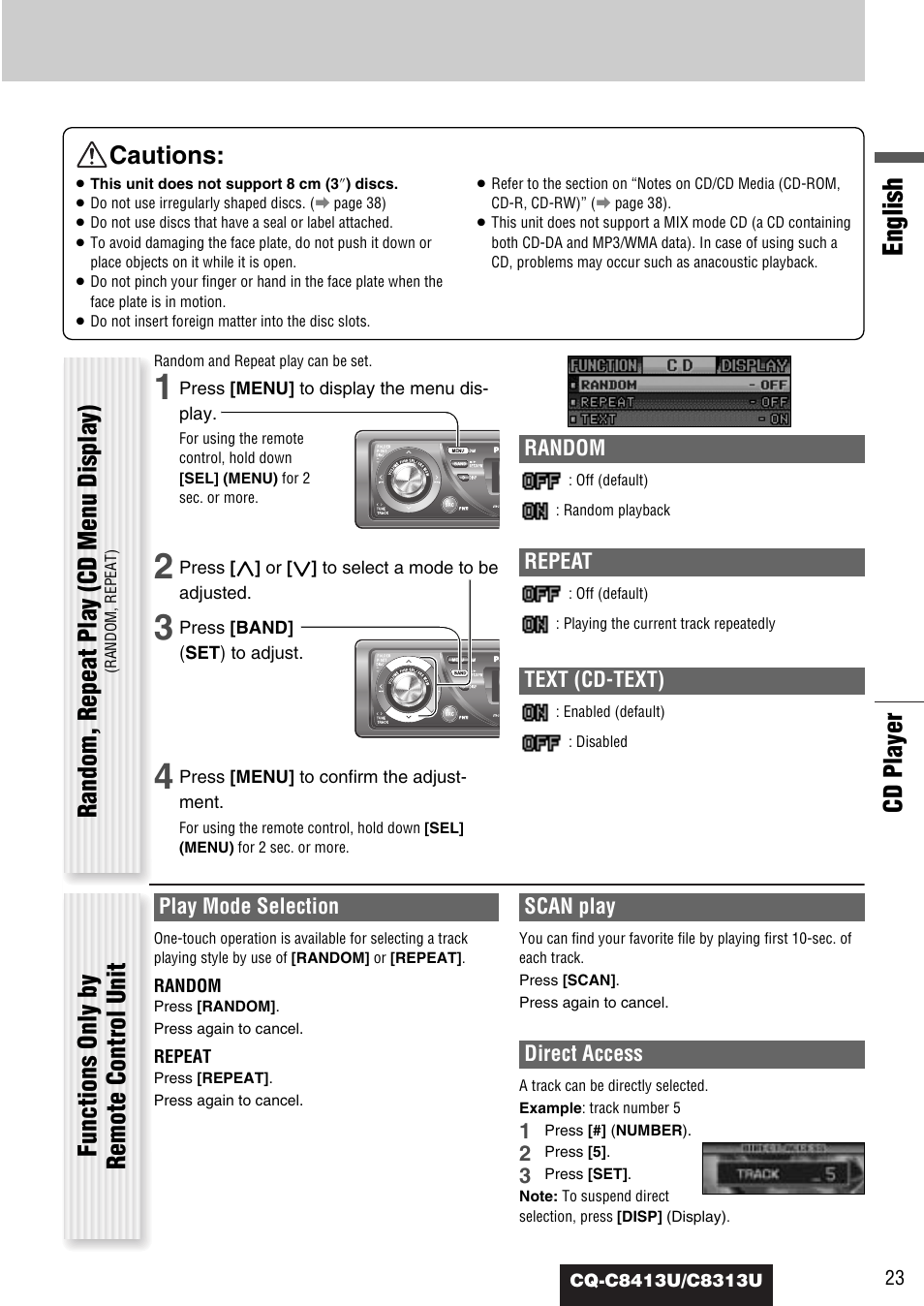English, Cd player cautions, Random | Repeat, Text (cd-text), Play mode selection, Scan play, Direct access | Panasonic CQ-C8313U User Manual | Page 23 / 114
