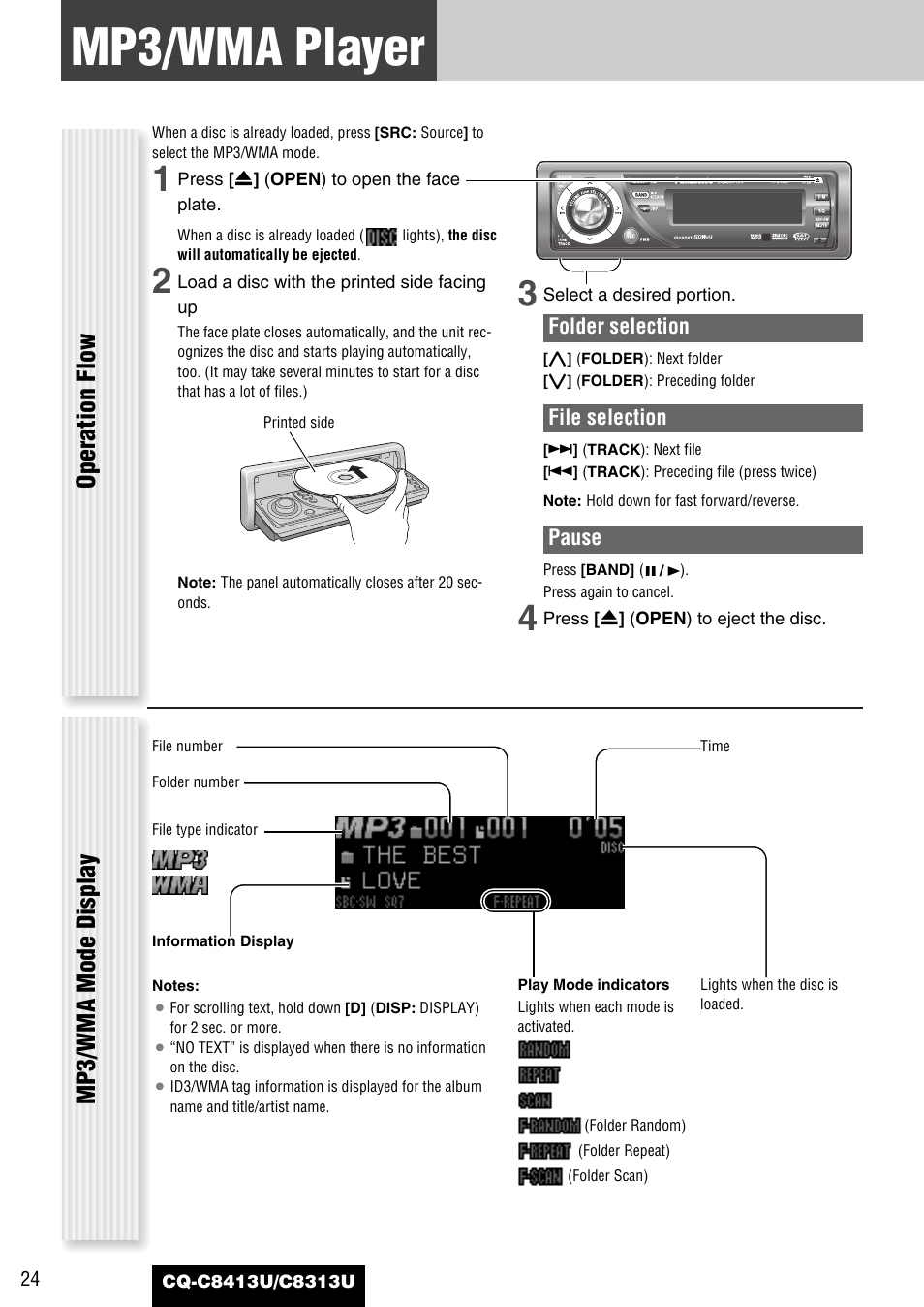 Mp3/wma player, Operation flow, Mp3/wma mode display | Panasonic CQ-C8313U User Manual | Page 24 / 114