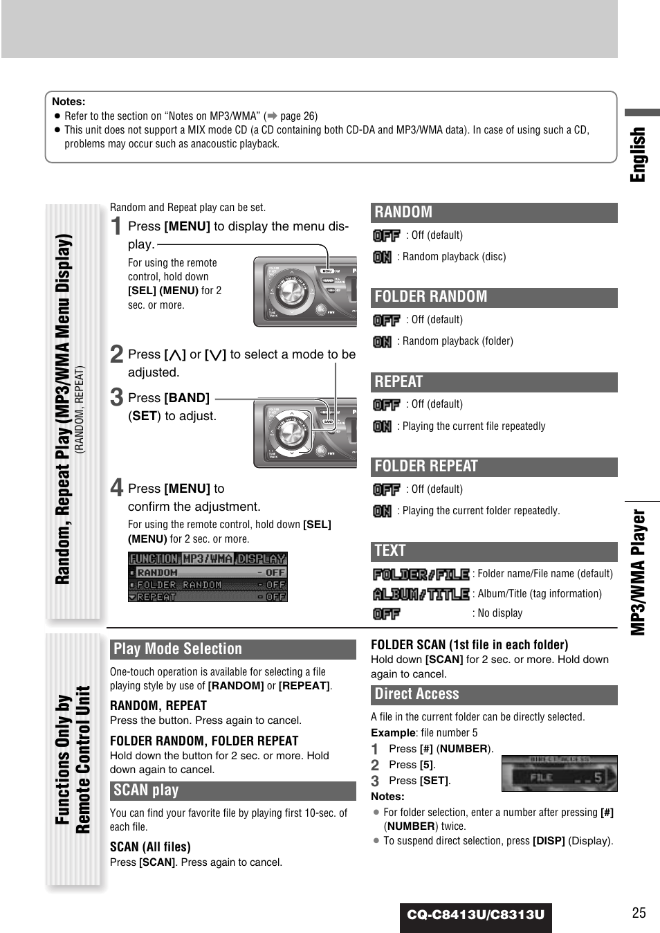 English, Mp3/wma player, Random, repeat play (mp3/wma menu display) | Functions only by remote control unit, Random, Folder random, Repeat, Folder repeat, Text, Play mode selection | Panasonic CQ-C8313U User Manual | Page 25 / 114