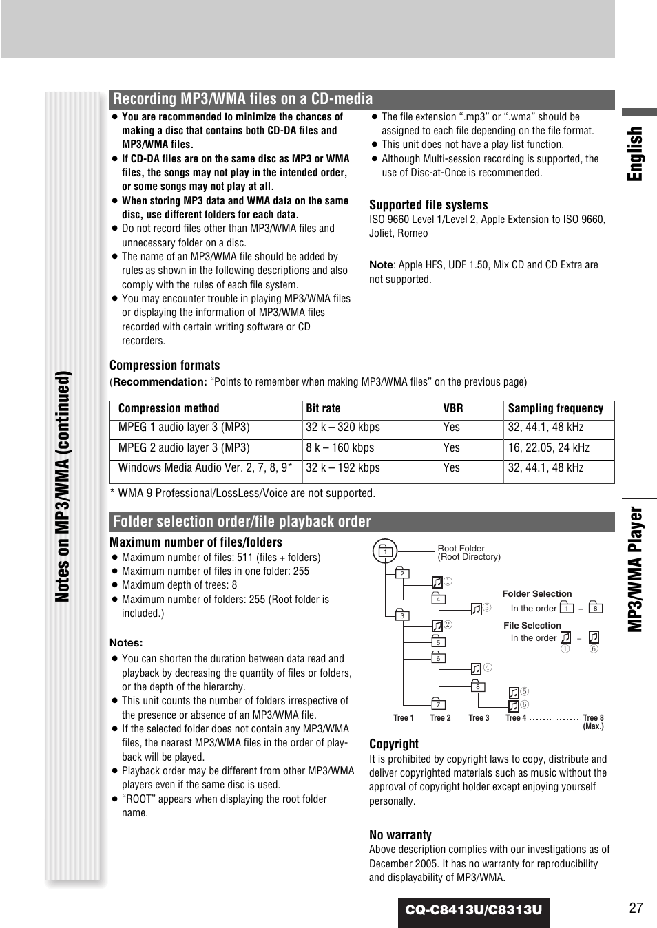 English, Mp3/wma player, Recording mp3/wma files on a cd-media | Folder selection order/file playback order | Panasonic CQ-C8313U User Manual | Page 27 / 114