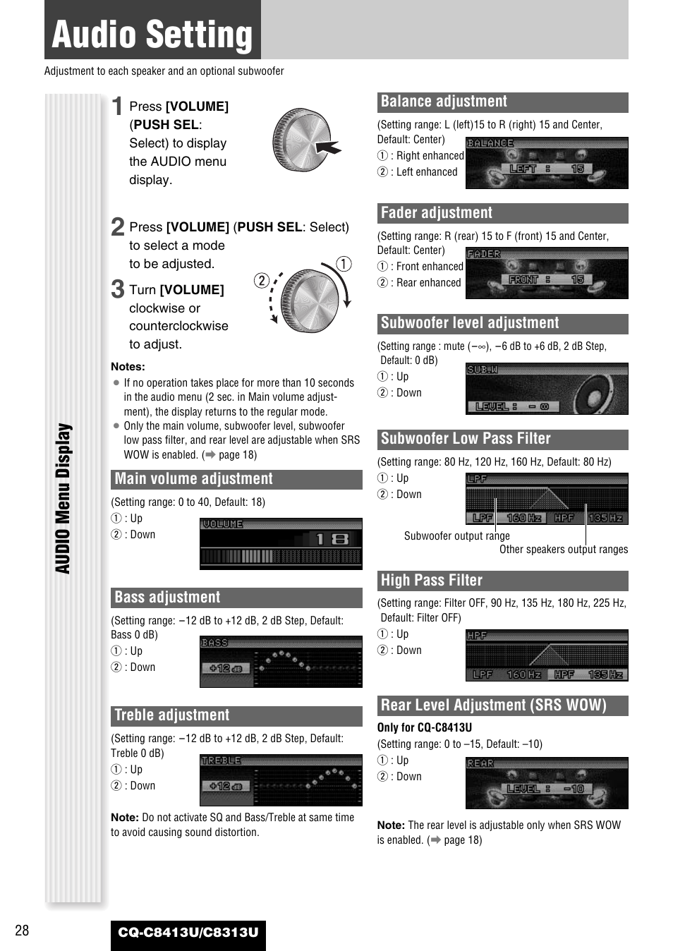 As needed, Audio setting, Audio menu display | Panasonic CQ-C8313U User Manual | Page 28 / 114