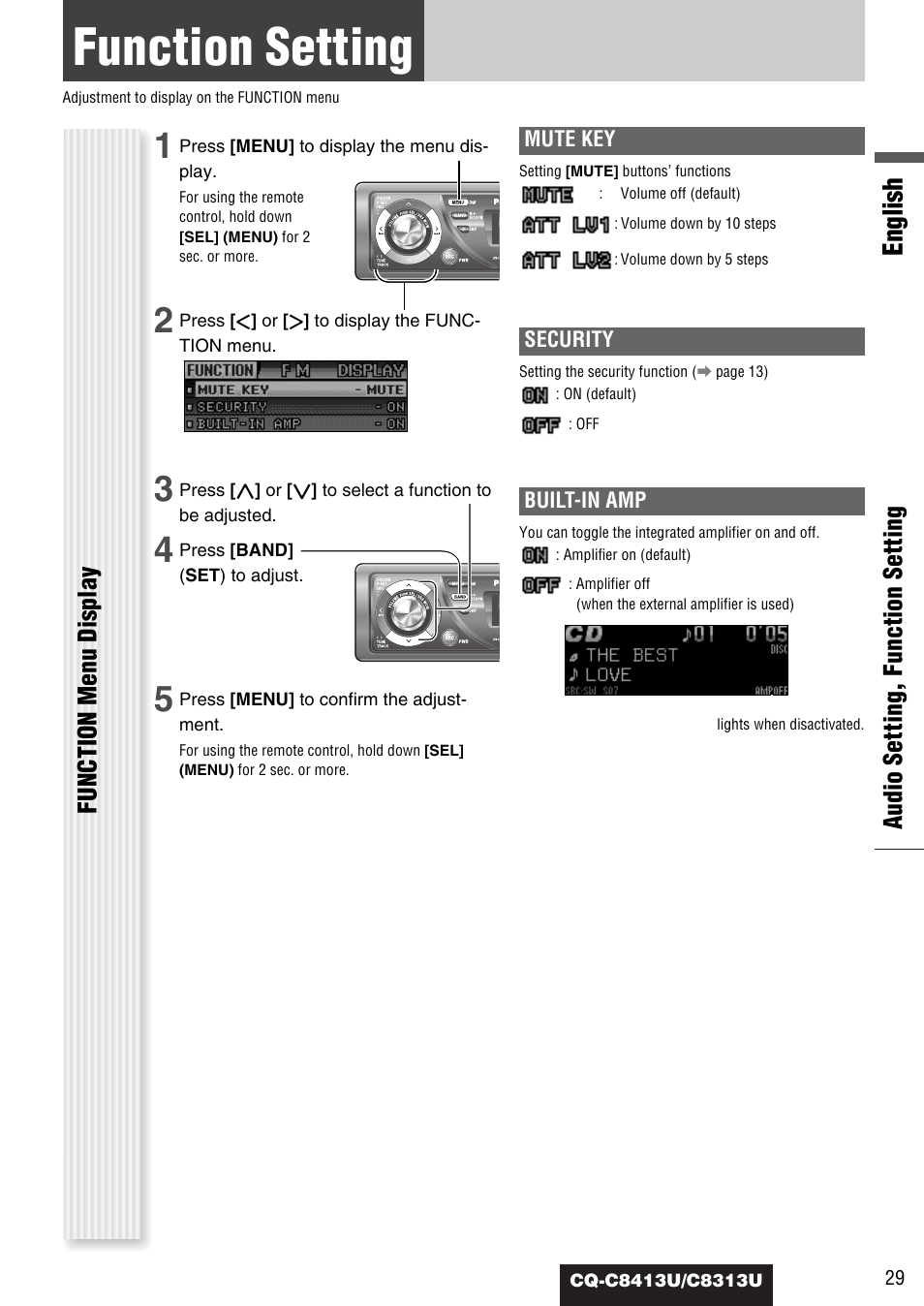 Function setting (security function setting etc.), Function setting, English | Audio setting, function setting, Function menu display | Panasonic CQ-C8313U User Manual | Page 29 / 114