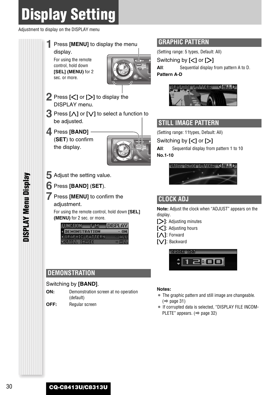 Display setting, Displa y menu display | Panasonic CQ-C8313U User Manual | Page 30 / 114