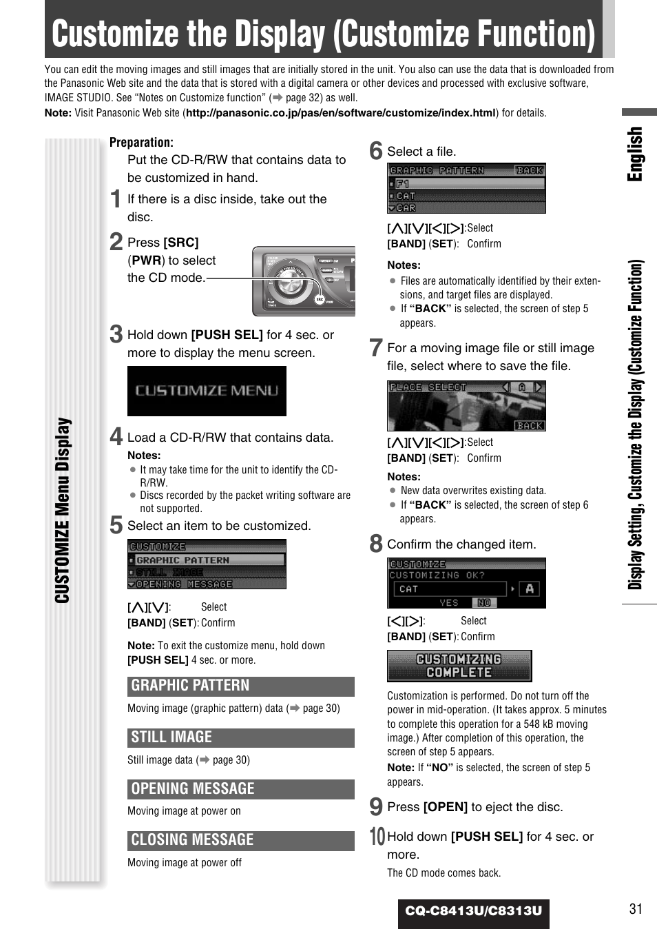 Customize the display (customize function), English, Customize menu display | Panasonic CQ-C8313U User Manual | Page 31 / 114