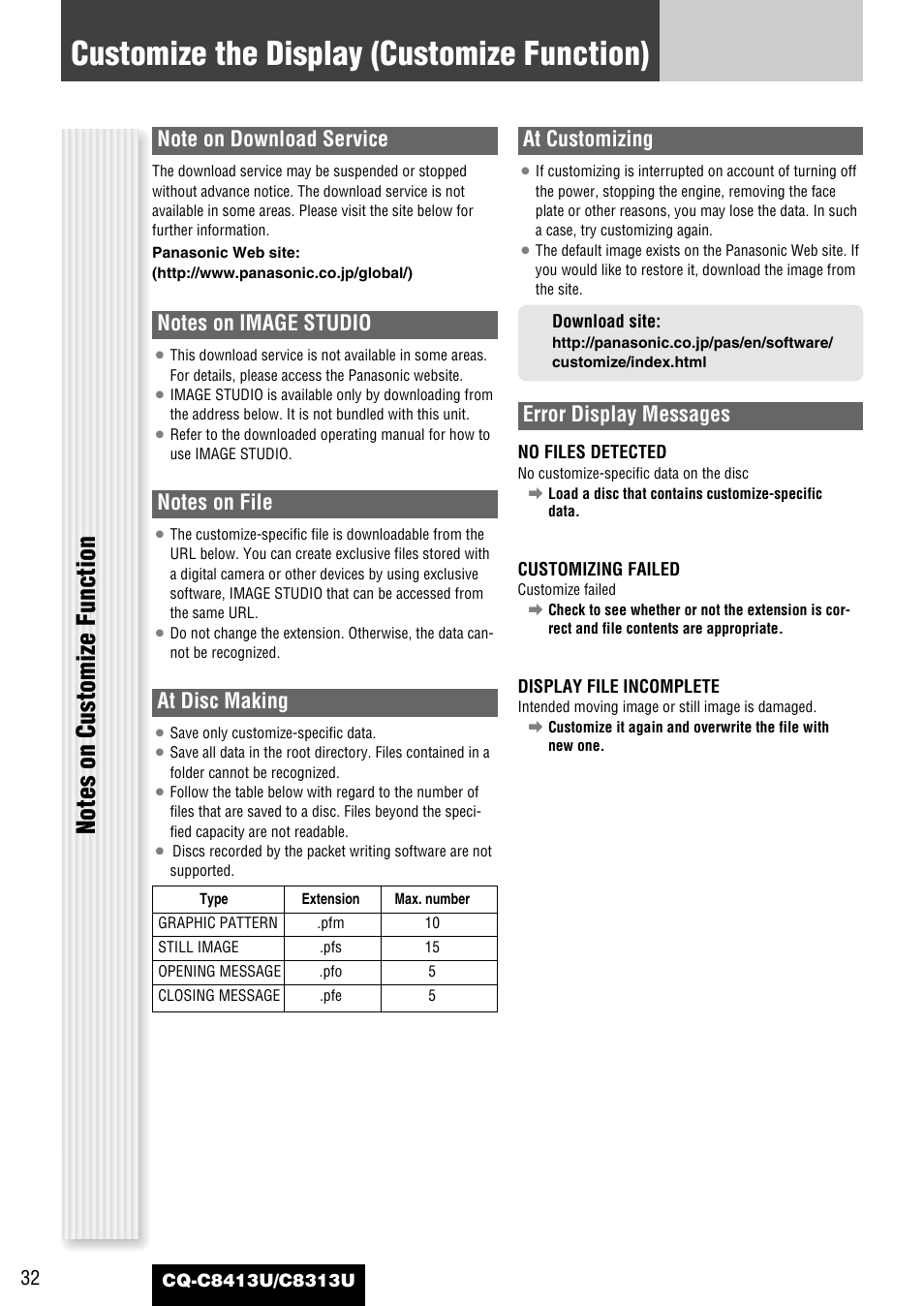 Customize the display (customize function), At disc making, At customizing | Error display messages | Panasonic CQ-C8313U User Manual | Page 32 / 114