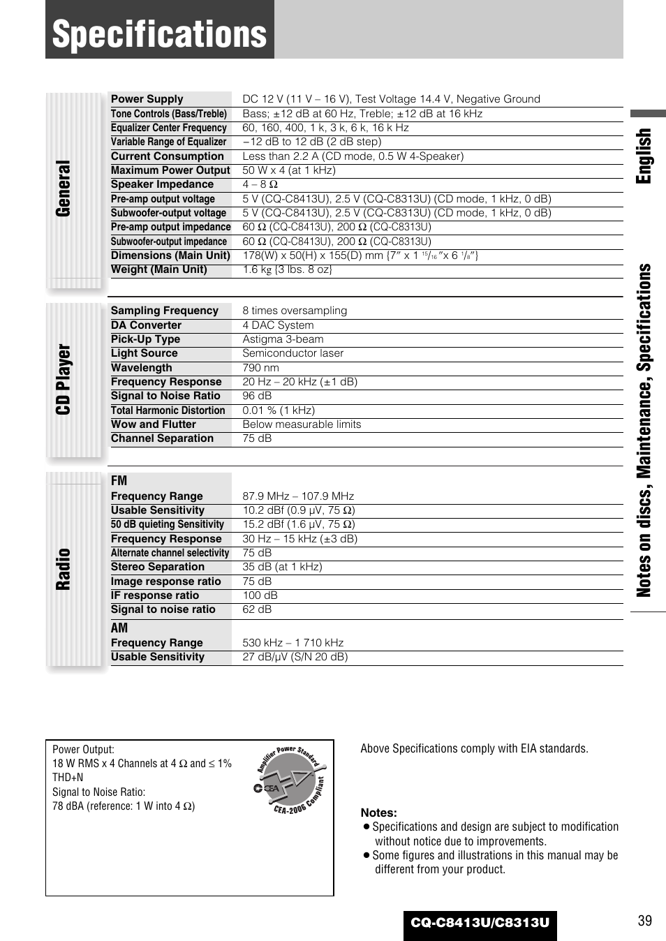 Specifications, English, General | Radio cd player | Panasonic CQ-C8313U User Manual | Page 39 / 114