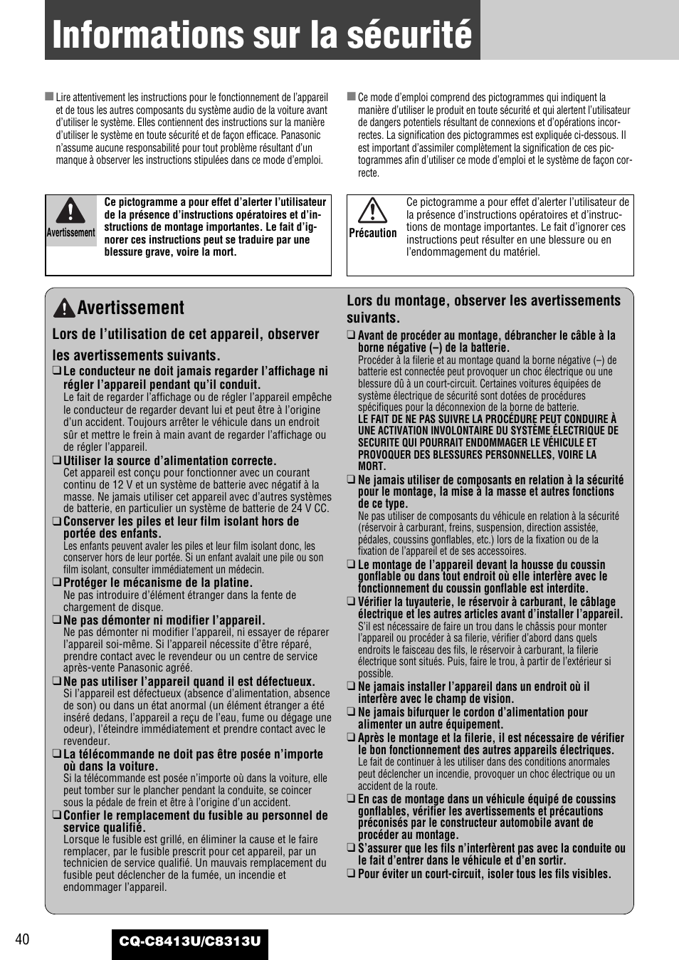 Rubriques communes, Informations sur la securite, Informations sur la sécurité | Avertissement | Panasonic CQ-C8313U User Manual | Page 40 / 114