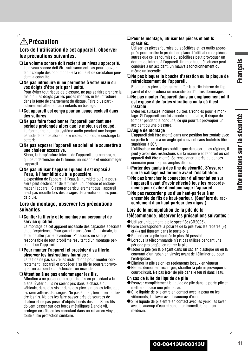Français, Informations sur la sécurité, Précaution | Panasonic CQ-C8313U User Manual | Page 41 / 114