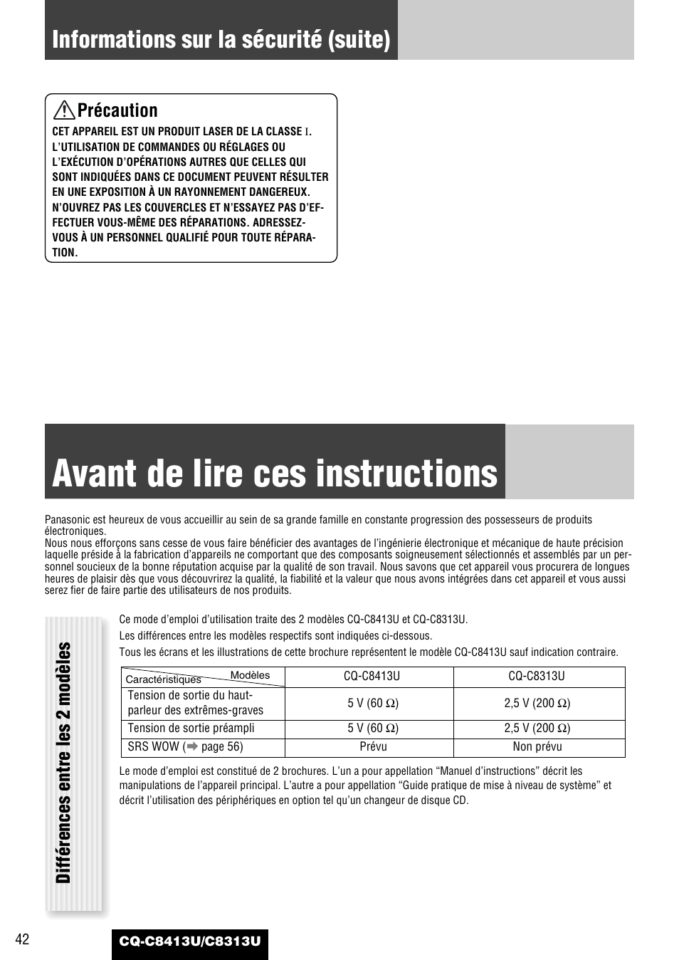 Avant de lire ces instructions, Informations sur la sécurité (suite), Précaution | Différences entre les 2 modèles | Panasonic CQ-C8313U User Manual | Page 42 / 114