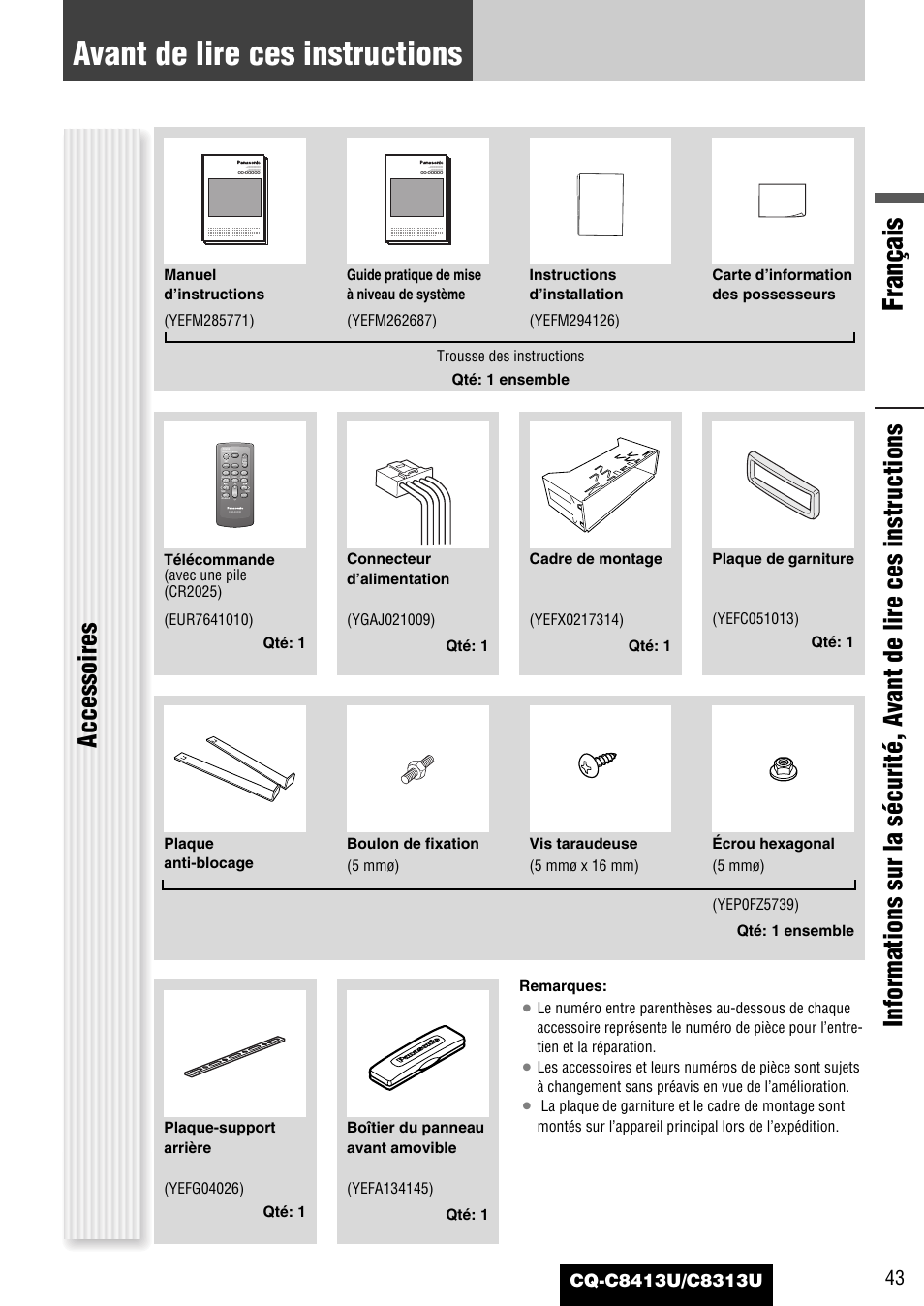 Avant de lire ces instructions, Français, Accessoires | Panasonic CQ-C8313U User Manual | Page 43 / 114