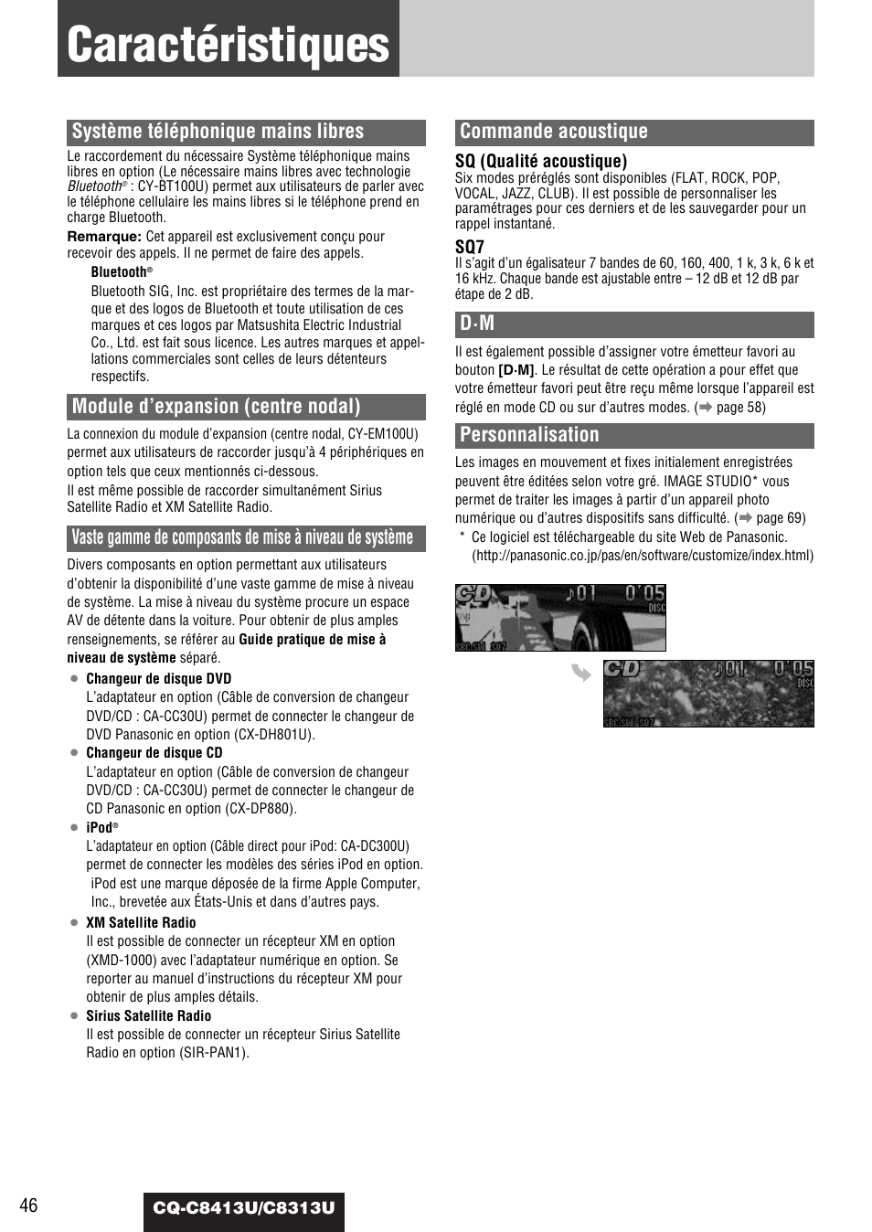 Caracteristiques, Caractéristiques, Système téléphonique mains libres | Module d’expansion (centre nodal), Commande acoustique, Personnalisation | Panasonic CQ-C8313U User Manual | Page 46 / 114