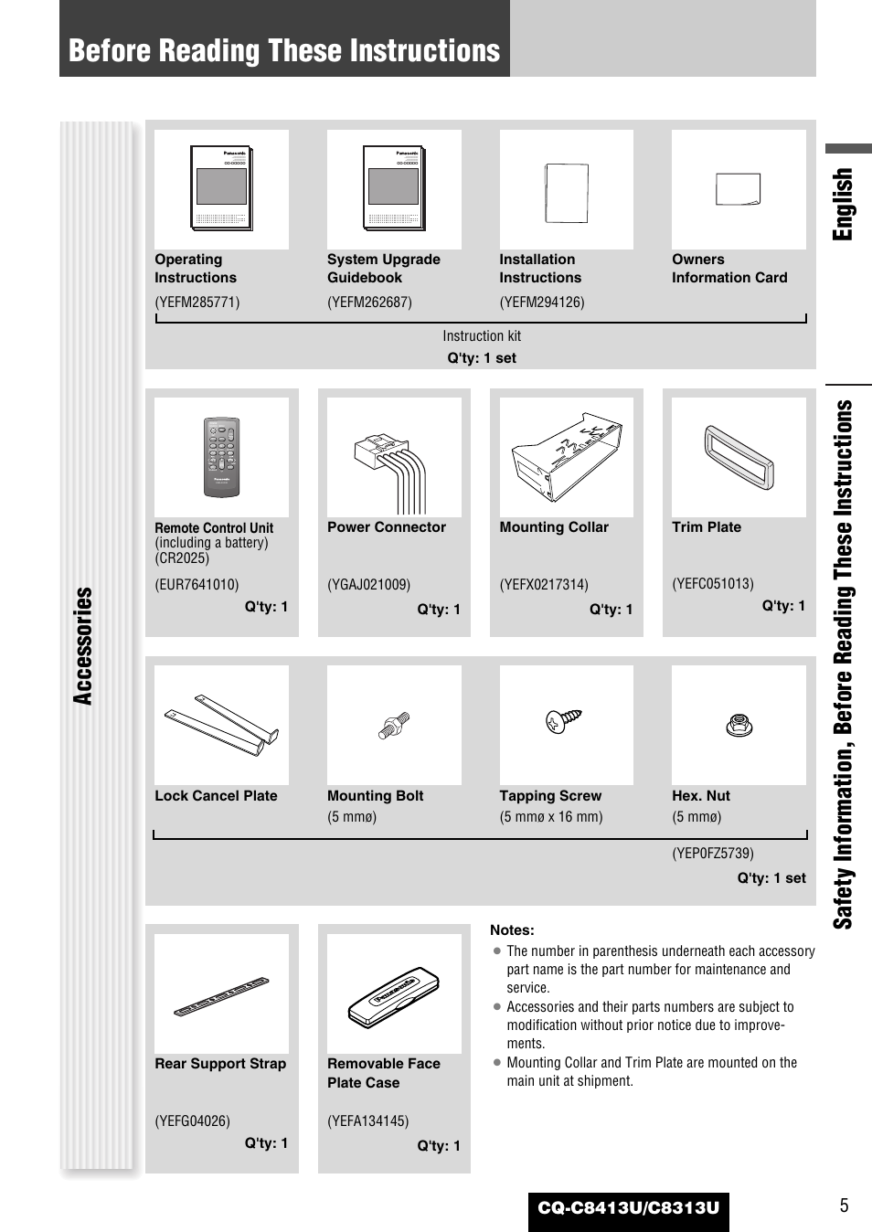 Before reading these instructions, English, Accessories | Panasonic CQ-C8313U User Manual | Page 5 / 114