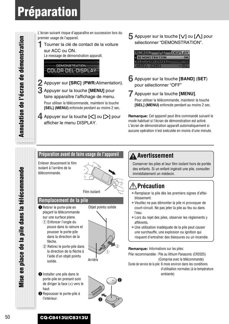 Preparation (reglage de l'horloge, etc.), Préparation, Avertissement | Précaution | Panasonic CQ-C8313U User Manual | Page 50 / 114