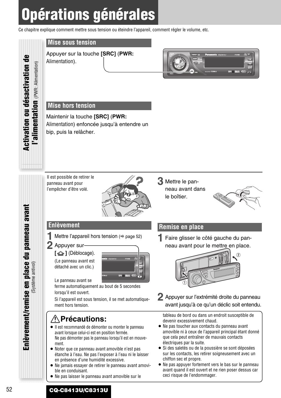 Operations generales, Opérations générales, Précautions | Activation ou désactivation de l’alimentation, Enlèvement/remise en place du panneau avant | Panasonic CQ-C8313U User Manual | Page 52 / 114