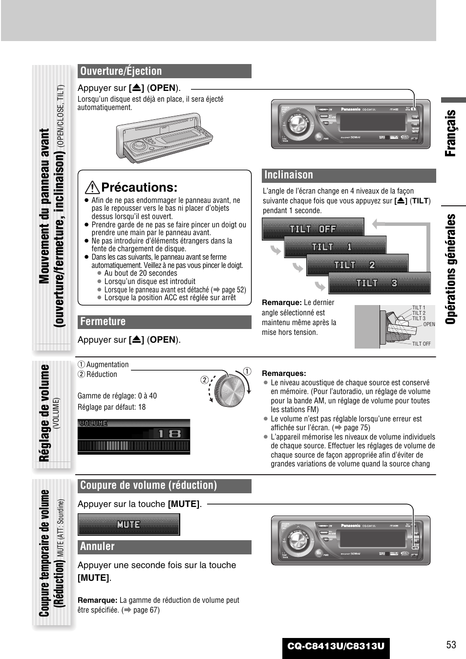 Français, Réglage de volume, Coupure temporaire de volume (réduction) | Précautions, Ouverture/éjection, Close fermeture, Inclinaison, Coupure de volume (réduction), Annuler | Panasonic CQ-C8313U User Manual | Page 53 / 114