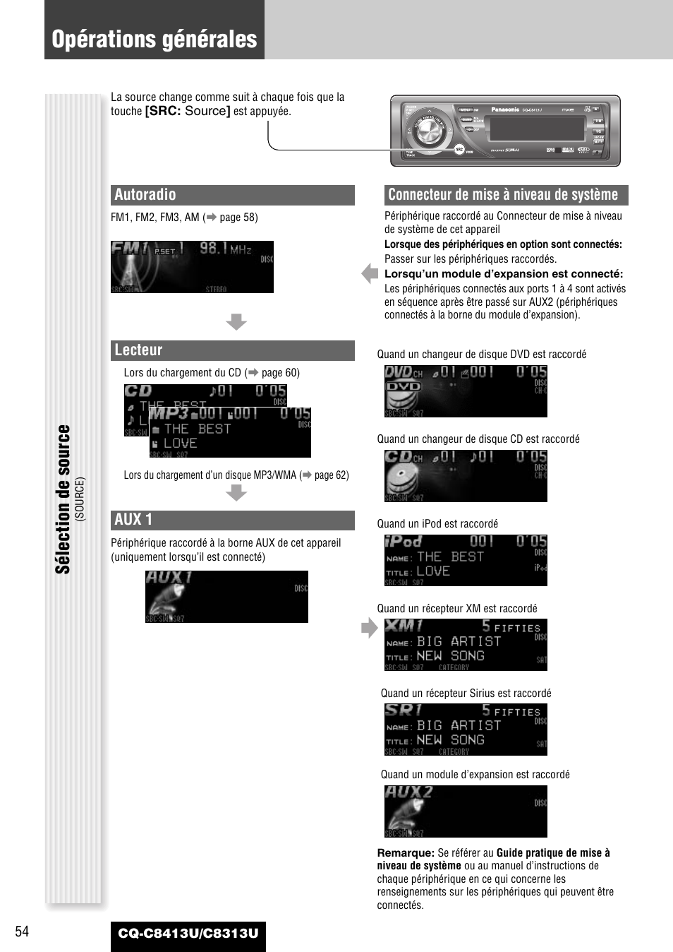 Opérations générales, Sélection de source, Autoradio | Lecteur, Aux 1, Connecteur de mise à niveau de système | Panasonic CQ-C8313U User Manual | Page 54 / 114